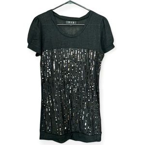 213 Industry Black Sparkly Sequin Sheer Back Vintage Short Sleeve Shirt RARE